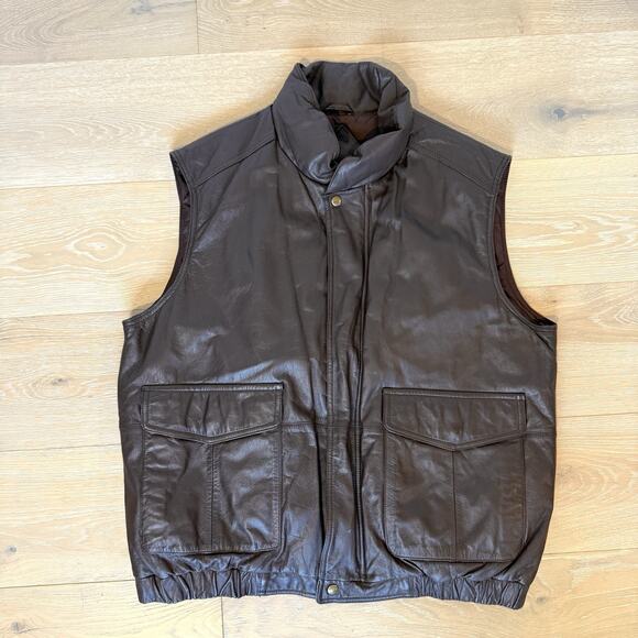 Vtg EDDIE BAUER Vest Men’s L Brown Leather Goose Down Bomber Jacket Vest - Picture 2 of 9